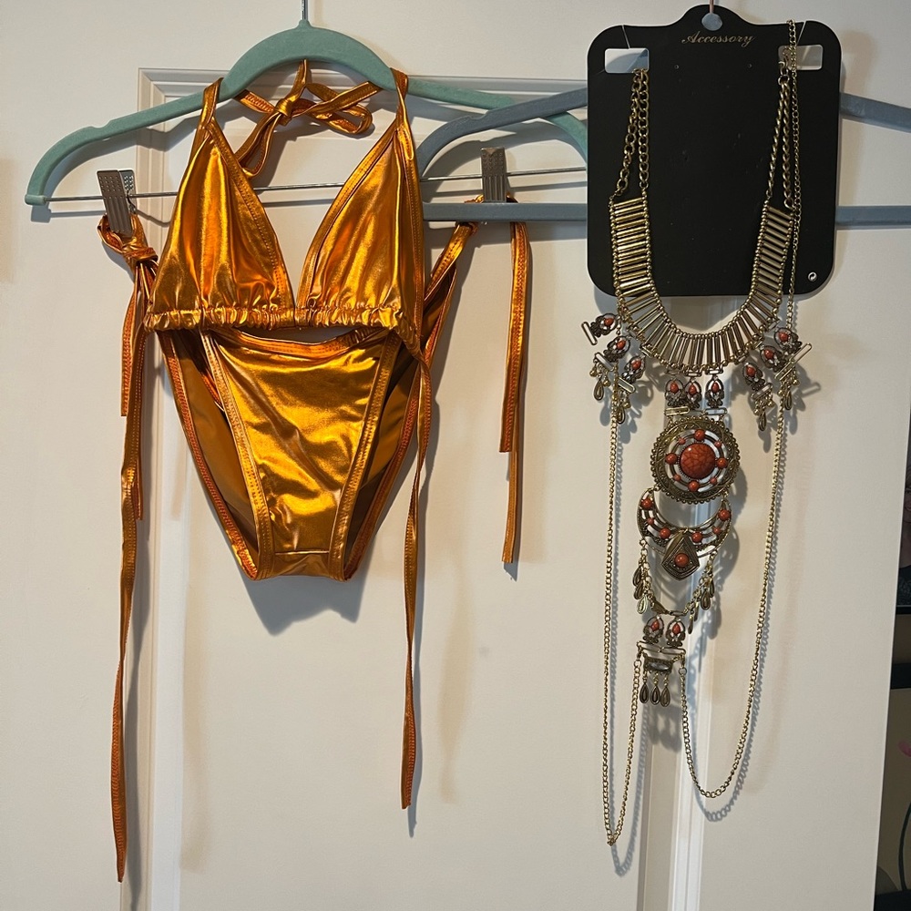 NWOT. Shiny & sexy copper string bikini, with body necklace for fun!